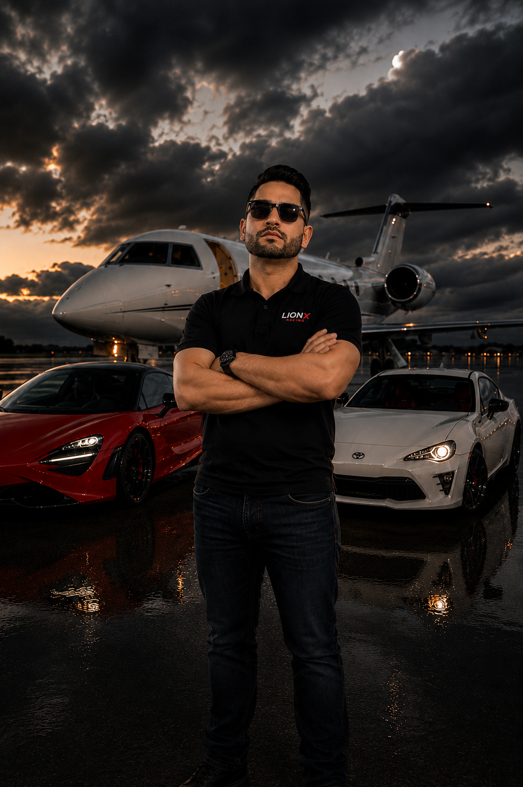 LionX Racing founder inspecting a private jet turbine engine in a hangar
